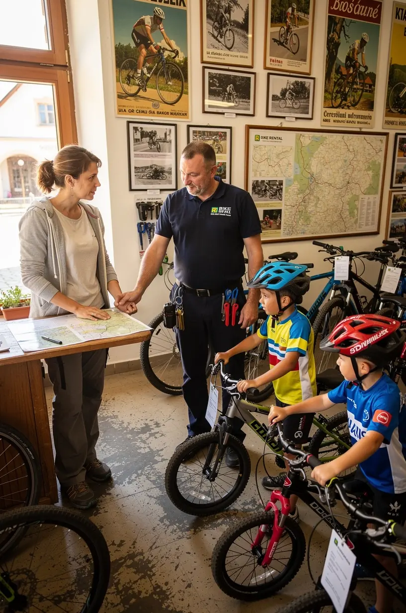 Interiér cyklistického penziónu vybaveného nástrojmi na opravu bicyklov a pohodlnými spoločenskými priestormi.
